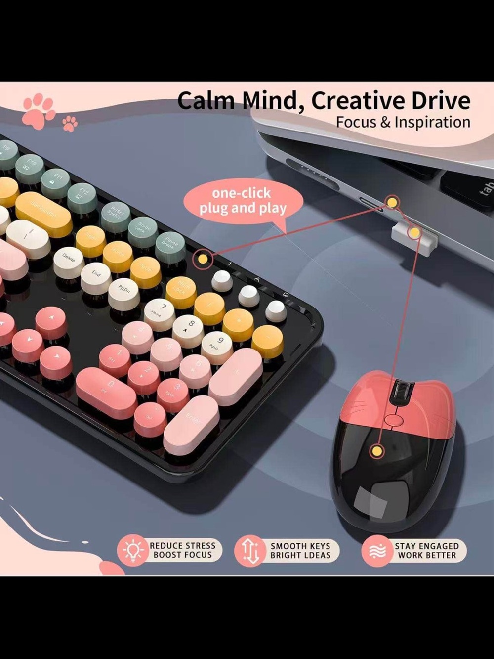 Wireless Retro Round-Key Keyboard & Matching Mouse - Multicolor - Picture 4 of 8